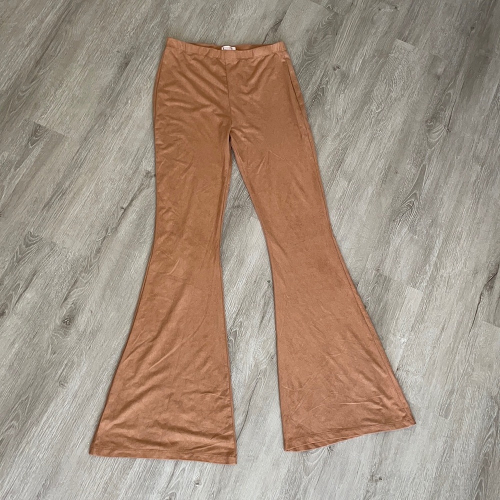 Suede camel bell bottom pants